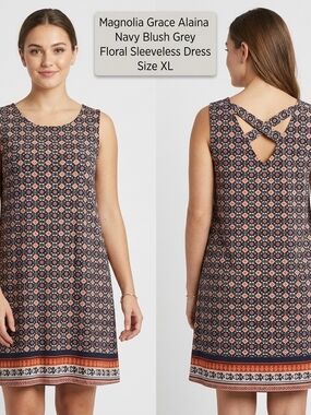 Magnolia Navy Blush Grey Blue Coral Floral Sleeveless Dress XL